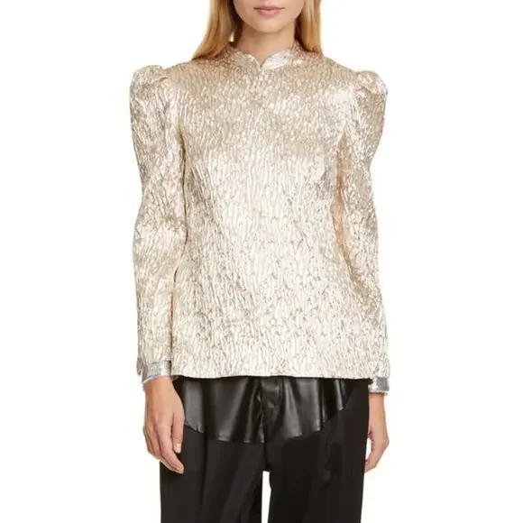 Rachel Comey Blouse Bar Textured Top Champagne 4 Metallic Crinkle Puff Sleeve - Picture 1 of 10